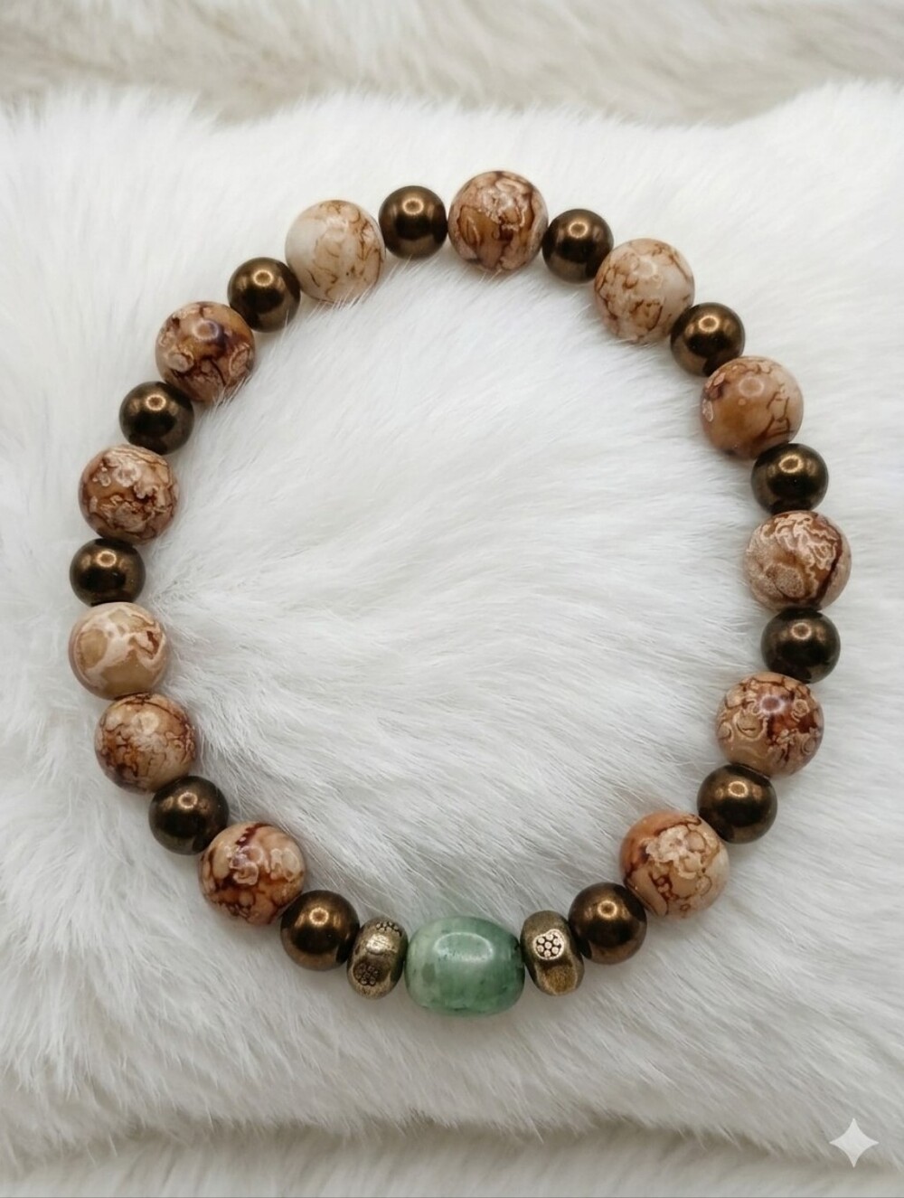 Brown Marbled Bead Bracelet with Green Accent and Antique Gold Spacers